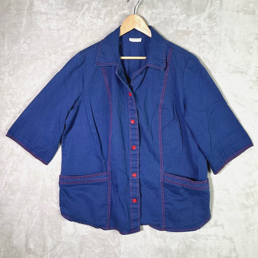 Vintage 90s Lane Bryant Blue Chore Shirt Jacket Red Stitch Art Teacher Lagenlook